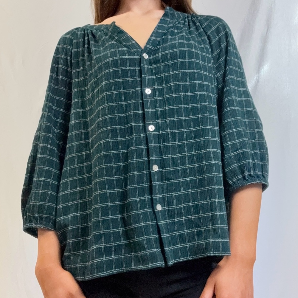 Women's Green Plaid Button-Front Blouse